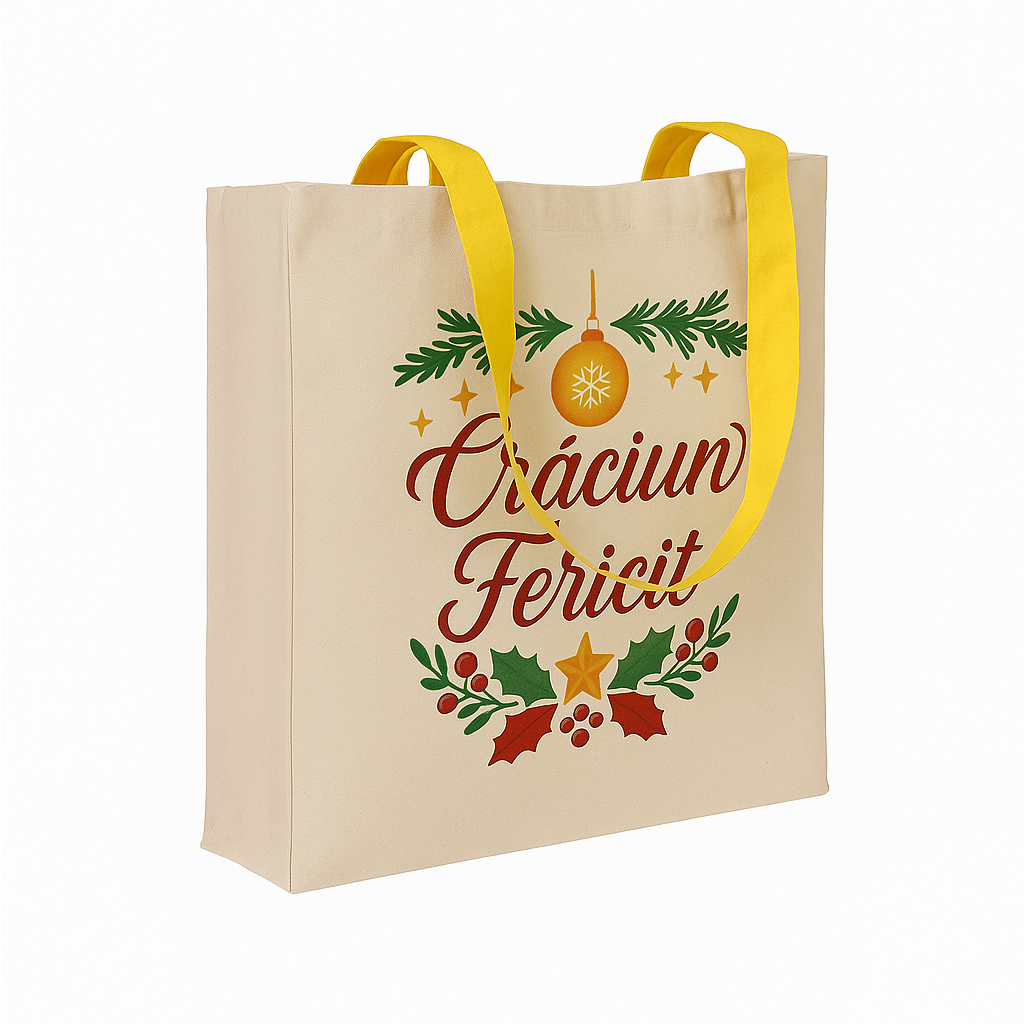 Sacosa Craciun Fericit din bumbac gros 220 g/m² – design festiv de sarbatori, toarte galbene, ideala pentru cadouri