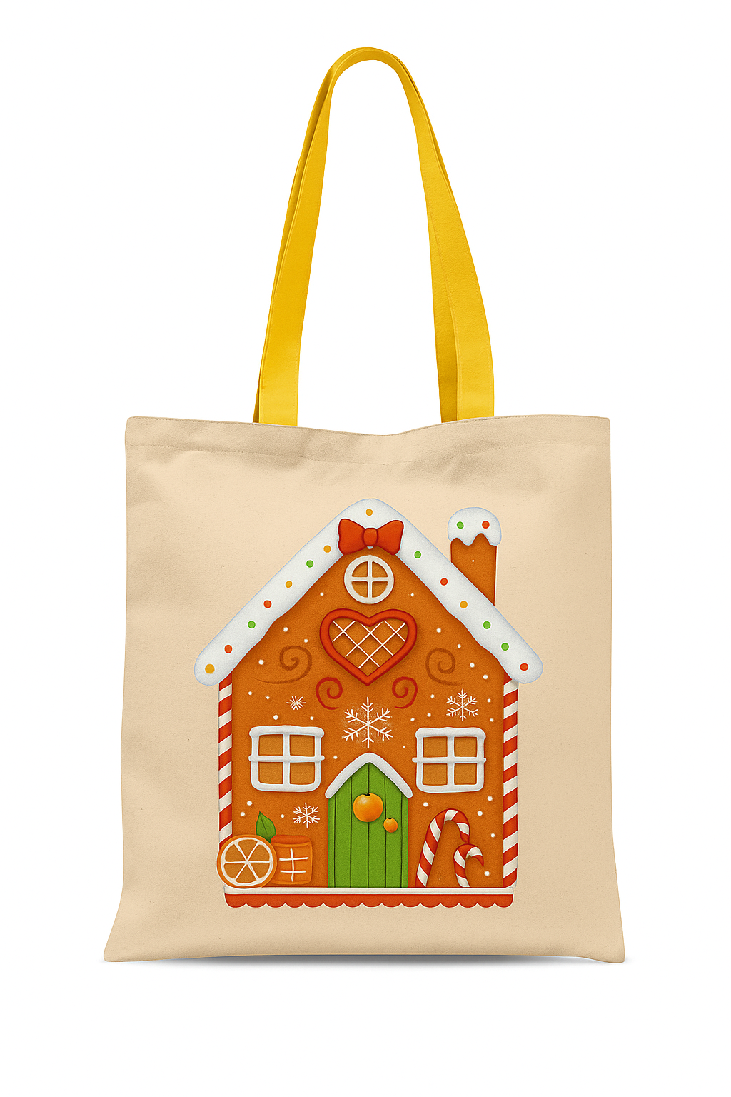 Geanta reutilizabila din bumbac 220 g/m, model Casuta din turta dulce, galben, 38x42x16cm