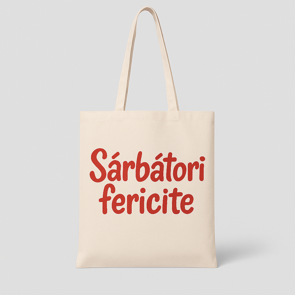 Sacosa din bumbac 145 g – „Sarbatori Fericite”, 38x42 cm - imaginea 2