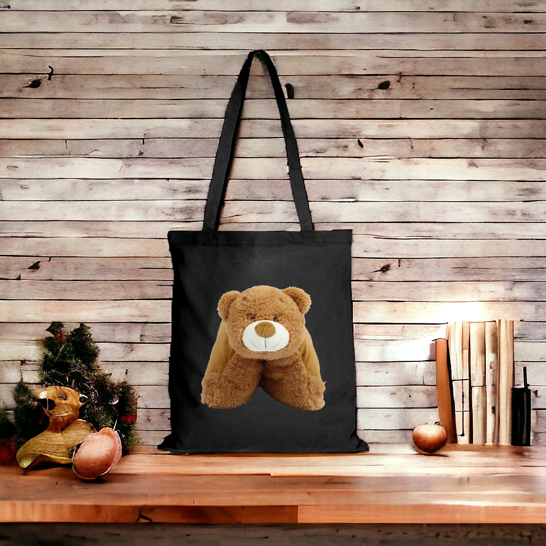 Sacosa din bumbac neagra cu manere lungi personalizata cu Ursuletul Brun, 38x42cm - imaginea 3