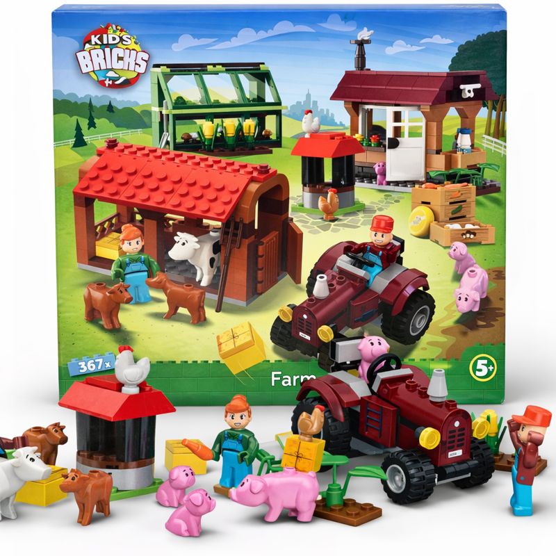 Set de constructie copii Kid’s Bricks – Ferma, 367 piese, figurine incluse, 5+