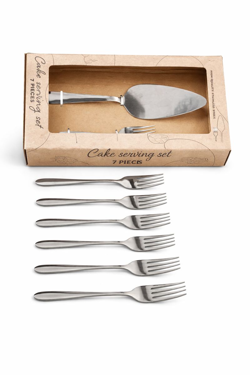 Set tacamuri tort din inox, 7 piese, paleta + 6 furculite