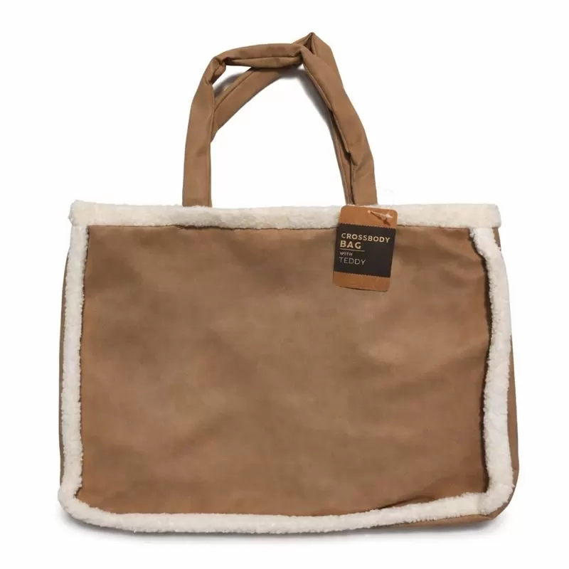 Geanta dama Teddy bej, interior teddy, manere textile, dimensiune mare